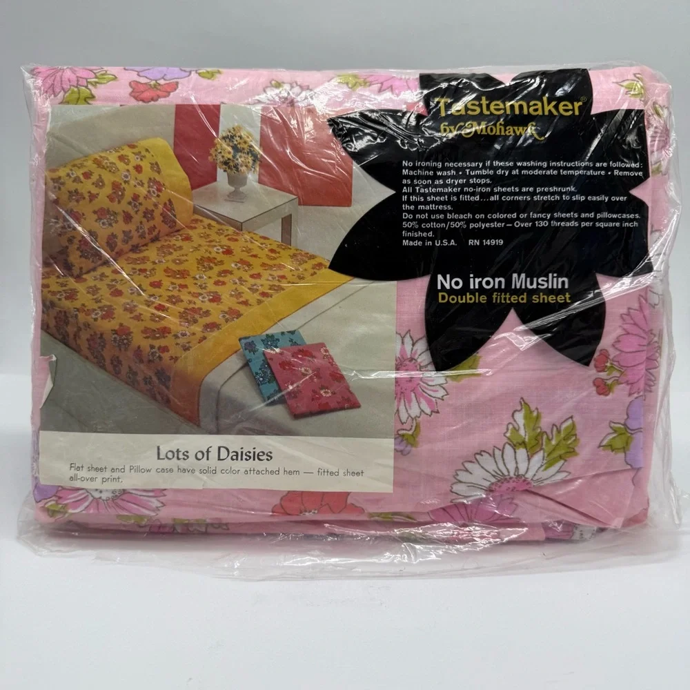 Vintage 70’s Lots of Daisies Pink Floral Double Flat & Fitted Dbl Sheet Set NEW